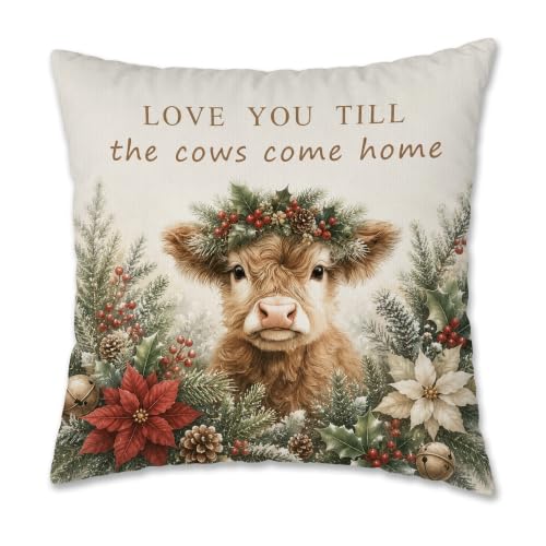 Vintage Christmas Highland Cow Throw Pillow Cover 18x18 Inch - color: Highland Cow-5