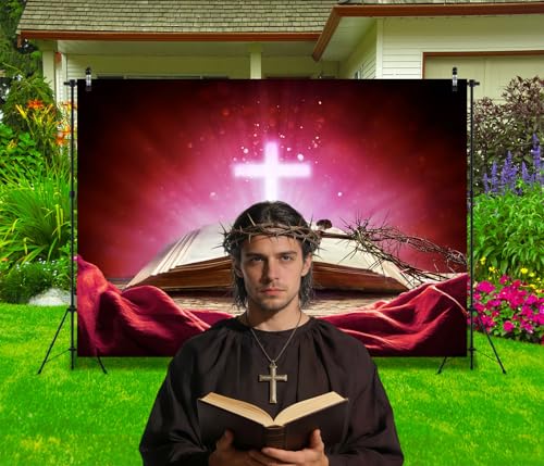 Fabric 5x5ft Jesus Crown of Thorns Backdrop Christian Cross Easter Resurrection Background for Religious Event Theme Party Decorations Lent Church Banners Crucifixion of Jesus Photo Props - size: 5x5ft
