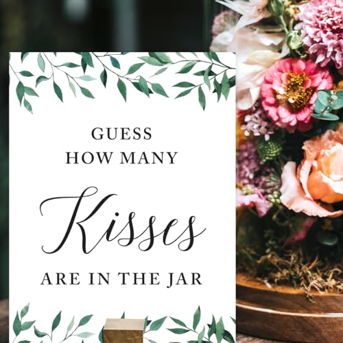 Andaz Press Wedding Party Signs, Natural Greenery Green Leaves, 8.5x11-inch, Guess How Many Kisses Are in the Jar, 1-Pack - color: Activities Kisses Jar