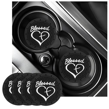 KVAEY 2 PCS Car Cup Holder Coasters, 2.76 Inch Anti Slip Vehicle Drink Mats with Cute Blessed Cross and Heart, Shockproof, Universal Car Accessories (Black, 4 PCS) - color: Black, size: 4 PCS