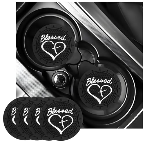 KVAEY 2 PCS Car Cup Holder Coasters, 2.76 Inch Anti Slip Vehicle Drink Mats with Cute Blessed Cross and Heart, Shockproof, Universal Car Accessories (Black, 4 PCS) - color: Black, size: 4 PCS