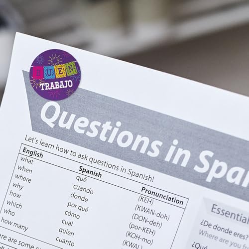 Spanish Teacher Reward Stickers / 500 Motivational Bilingual Espanol Kids Homework Worksheet Award Roll / 8 Alternating Encouraging Classroom Phrase Designs / 1.5" Elementary Student Recognition - color: Spanish Teacher Rewar
