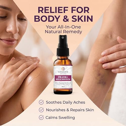 Vitality Extracts Frank+ Helichrysum Essential Oil Blend - 30ml Spray Bottle, Frankincense Boswellia Seratta, Aromatherapy, Soft Skin, Relief from Daily Aches & Soreness, Natural - size: 1.01 Fl Oz (Pack of 1)
