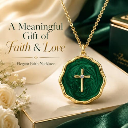 Enamel Cross Necklace for Women 18K Gold Plated Christian Pendant - color: Dark Green