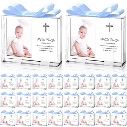 Vercraft 24 Set Baptism Picture Frame 3.5 x 5 Acrylic Baby Shower Baptism Favor Christening Gifts for Boy Girl with Plastic Crystal Boxes and Satin Ribbon Bows for Religious First Communion(Silver) - color: Silver