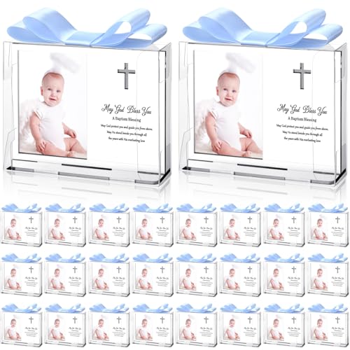 Vercraft 24 Set Baptism Picture Frame 3.5 x 5 Acrylic Baby Shower Baptism Favor Christening Gifts for Boy Girl with Plastic Crystal Boxes and Satin Ribbon Bows for Religious First Communion(Silver) - color: Silver