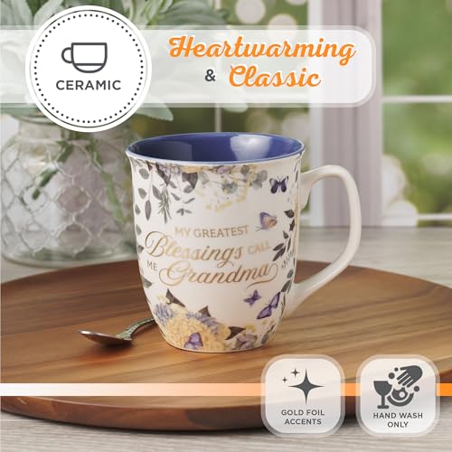 Christian Art Gifts Large Ceramic Coffee Scripture Mug for Grandmothers - color: White & Deep Blue Floral/Grandma