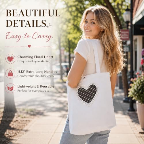 Christian Tote Bag Gift for Women, Canvas Bible Bag Handmade Floral Cross - color: White-brown Polka Dot