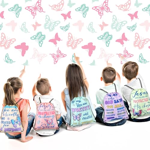 24 Pcs Religious Butterfly God Says Drawstring Backpack God Says Christian Drawstring Bags Large Jesus Bible Verse String Bag Sunday School Gifts - style: Religious Butterfly