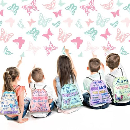 24 Pcs Religious Butterfly God Says Drawstring Backpack God Says Christian Drawstring Bags Large Jesus Bible Verse String Bag Sunday School Gifts - style: Religious Butterfly