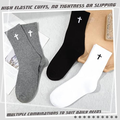6 Pairs Cross Socks for Men US 7-9 Christian Pastor Crew Socks - color: Black, White, Gray