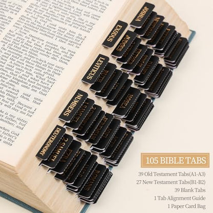 Laminated Bible Tabs, Gold Foil Embossed Lettering Bible Index Tabs for Women Men, Reposition Large Print Sticky Labels, Easy to Read and Apply, 105 Labels for Easy Navigation, Black - style: Gold Foil Black