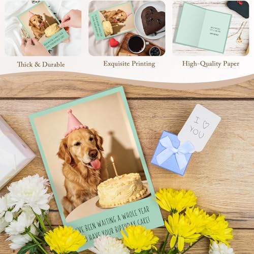 Qiliji Funny Dog Birthday Card for Him Her, Humor Bday Card for Dog Lover, Bday Cards from Dogs, Waiting A Whole Year to Have Your Birthday Cake - color: Dog Birthday