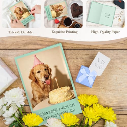 Qiliji Funny Dog Birthday Card for Him Her, Humor Bday Card for Dog Lover, Bday Cards from Dogs, Waiting A Whole Year to Have Your Birthday Cake - color: Dog Birthday