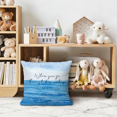 Coastal Beach Christian Throw Pillow Covers 18x18 Inch, Blue Ocean Beach Bible Verse Decorative Pillow Cover for Bedroom Living Room Couch Sofa, Religious Accent Pillows Cover Pillowcases