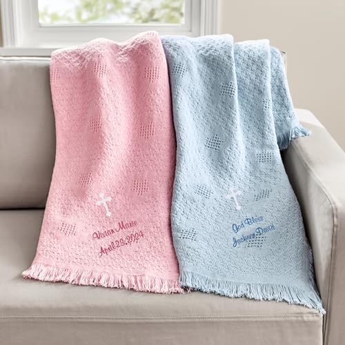 Let's Make Memories Personalized God Bless Honeycomb Baby Blanket - Blue - New Baby - Christening- 36x50 - color: Blue - God Bless