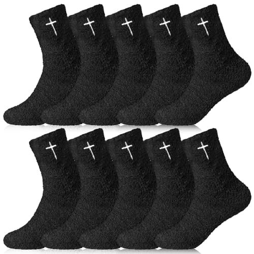 Cutecrop 5 Pairs Christian Gifts Socks Cross Print Fuzzy Socks Jesus Gifts Religious Fluffy Cozy Slipper Sock for Women Men - color: Black