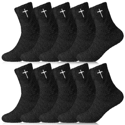 Cutecrop 5 Pairs Christian Gifts Socks Cross Print Fuzzy Socks Jesus Gifts Religious Fluffy Cozy Slipper Sock for Women Men - color: Black