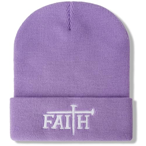 Christian Jesus Cross Beanie - Faith Winter Beanie Hats for Men Women - Religious Gifts for Christmas & New Years - color: Faith-white Cross/Light Purple
