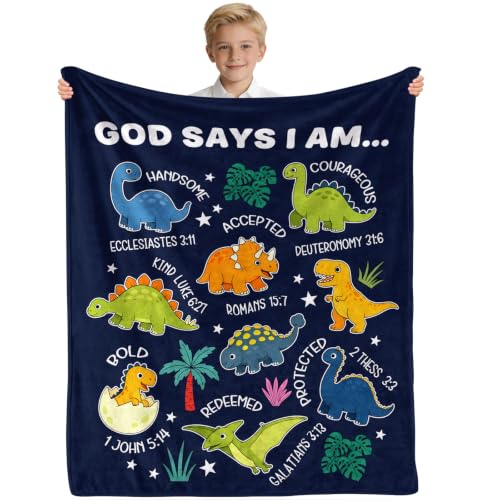 Christian Gifts for Boys Baptism Blanket - God Says I Am Bible Verse Blanket 50"x40", Baptism Gifts for Boys Catholic, Religious Christening Gift for Kids, Dinosaur Blankets for Dinosaur Lover - color: God Says I Am