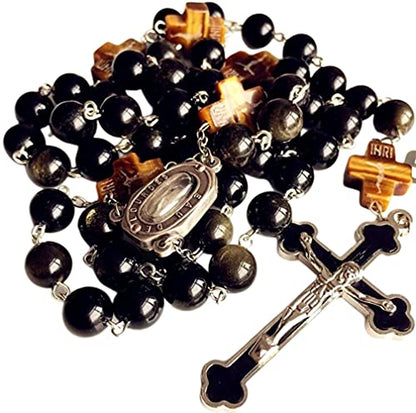 elegantmedical HANDMADE Catholic BLACK 10MM Obsidian BEADS Lourdes Water medal ROSARY CROSS NECKLACE BOX Mens Womens gift