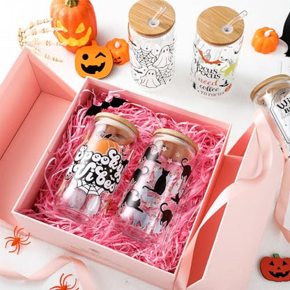 SiliFine 6 Pcs Halloween Glass Cups, 16 oz with Lids and Straws - style: Witch