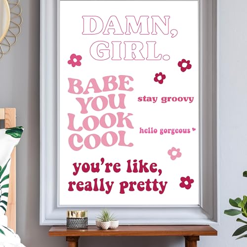 Empowering Pink Girl Quotes Decals - Set of 5 Colorful Stickers for Bathroom Mirror Bedroom Dorm Apartment Wall Decals Hello Gorgeous Stay Groovy - color: Pink Empowering