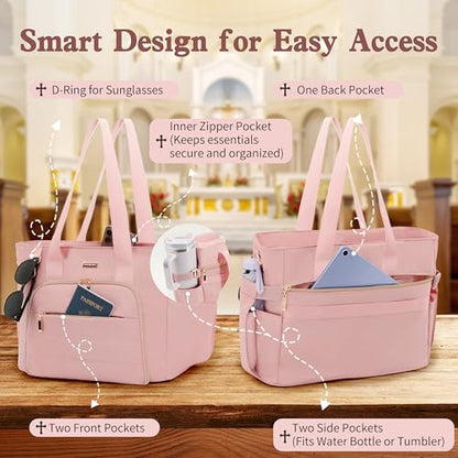 Large Bible Bag for Women, 2-in-1 Bible Tote with Detachable Embroidered Bible Cover & Study Supplies, Church Bible Study Bag, Gift-Ready Christian Gift for Women (Pink) - color: Pink
