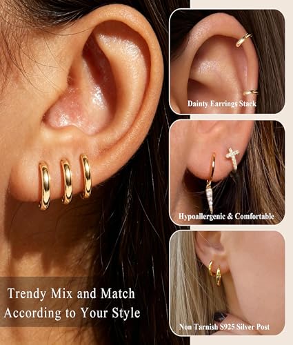 3Pairs Gold Cross Earrings for Women Hoops Huggie Earrings Stack Set - color: Gold-7