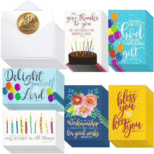 Birthday Cards 120PK with 6 Bible Verses – Christian Birthday Cards Bulk, Religious Greeting Cards with Envelopes, Scripture Cards for Men & Women, Inspirational Christian Cards for Any Occasion