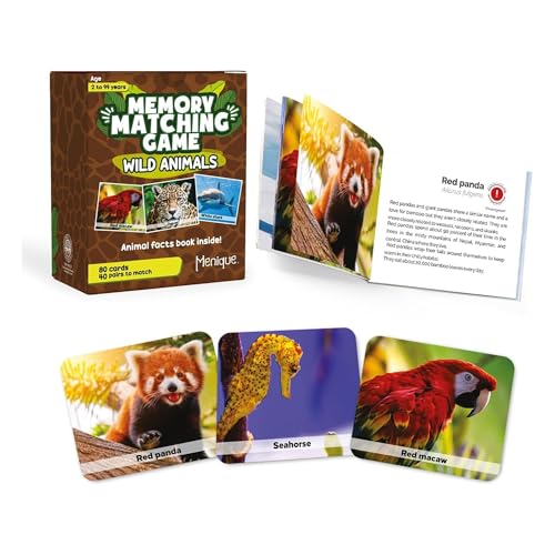 Menique Wild Animals Memory Matching Game – 80 Cards (40 Pairs) with Real Photos – Includes Educational Booklet with Animal Facts – Fun & Cognitive Game for Kids and Adults - style: Wild Animals