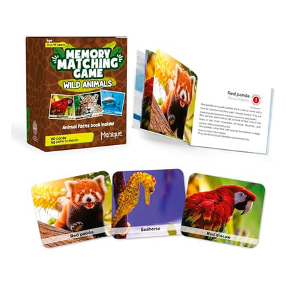 Menique Wild Animals Memory Matching Game – 80 Cards (40 Pairs) with Real Photos – Includes Educational Booklet with Animal Facts – Fun & Cognitive Game for Kids and Adults - style: Wild Animals