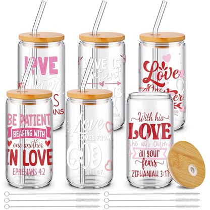 Fulmoon 6 Pcs Christian Drinking Glasses with Lids and Straws 16oz Jesus Religious Cup Christian Bible Decoration Glasses Set for Birthday Party Gift (Valentine) - style: Valentine