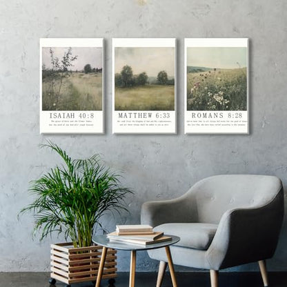 Christian Canvas Wall Art, Religious Scripture Poster, Set of 3 Bible Verses Wall Print, Biblical Woodland Landscape Picture, Modern Spiritual Painting for Prayer Room, Home 12x16in Wrapped Canvas - color: Set 1-Wrapped, size: 12L" x 16W"