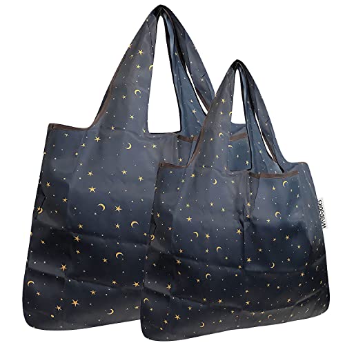 allydrew Large Foldable Tote Nylon Reusable Grocery Bags - color: Set of 2, Moon & Stars, size: Large & Small (Set of 2)
