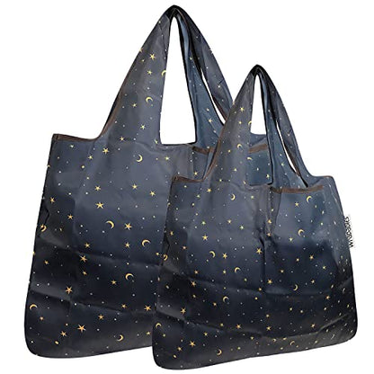 allydrew Large Foldable Tote Nylon Reusable Grocery Bags - color: Set of 2, Moon & Stars, size: Large & Small (Set of 2)