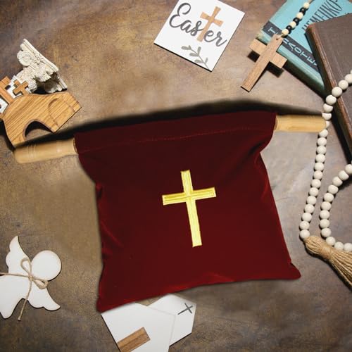 Abbylike Velvet Church Offering Bag with Wooden Handles 10 Inch Religious Offering Pouch Handle Church Collection Bag for Churches Communion Supplies (Red) - color: Red