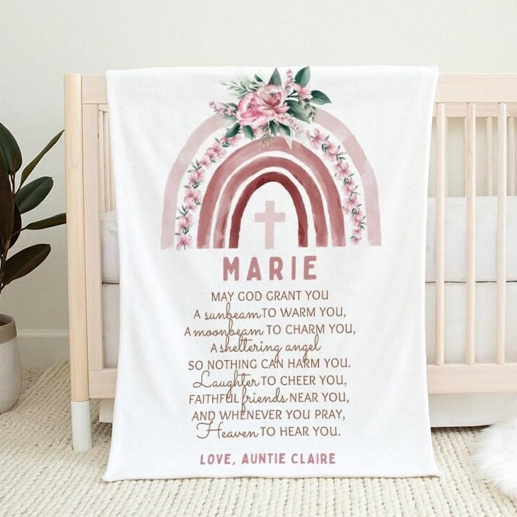 Christening Baby Blanket, Baptism Goddaughter Blanket, Watercolor Floral Pink Comforter, Communion Coverlet from Godmother, Monogram Throw Blankets Girls, Christian Blessing Blankets Present - color: #Ver10