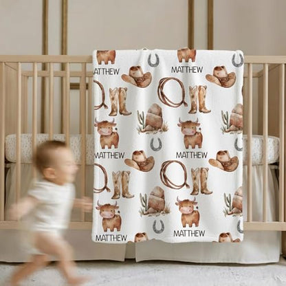Personalized Western Baby Boy Blanket, Cute Cowboy Riding Pony Pattern, Custom Name Kids Toddler Throw Blanket, Ranch Style Nursery Decor, Toddler Boy Gift - color: Western Baby Boy Blanket
