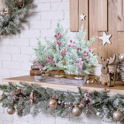 Winlyn 3 Pack Mini Christmas Trees with Wood Box Farmhouse Centerpiece Small Snowy Artificial Cedar Trees with Red Berries and Wood Bases Table Decorations for Rustic Home Winter Holiday Mantel Décor