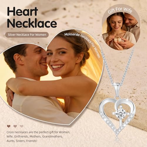 Moissanite Cross Necklace for Women in Light-Up Gift Box Heart Cross Jewelry 1CT Pendant for Women Gift Ideas for Wife Valentines Day Anniversary Birthday (S925 Sterling Silver/18K Real Gold Filled) - style: Silver with Card