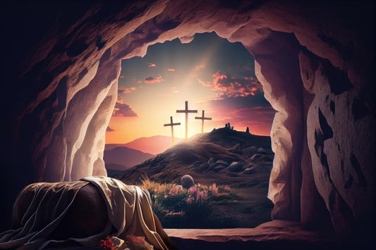 Easter Jesus Christ Cross Backdrop He is Risen Resurrection of Jesus Shroud Crucifixion Mountain Decorations Background Sepulcher Sunset Religious Belief Studio Props 5x3ft - size: 5x3ft(150x90cm)