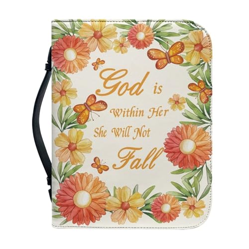 Dellukee Bible Cover for Women God is Within Her She Will Not Fall Butterfly Floral Print Durable Leather Carrying Book Case Church Bag for Biblical Accessories - color: Butterfly Floral God is Within Her, size: X-Large-bible size ≤10.2*7*1.9 inch
