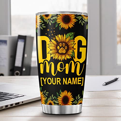 CUBICER Personalized Coffee Tumbler Sunflowers Customized Name Travel Mug Birthday Gifts For Mom Dog Lovers Stainless Steel Cup Insulated Tumblers Inspirational Quotes Mothers Day - color: Sunflowers And Dog Mom