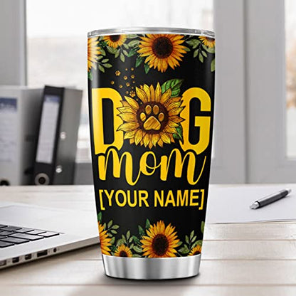 CUBICER Personalized Coffee Tumbler Sunflowers Customized Name Travel Mug Birthday Gifts For Mom Dog Lovers Stainless Steel Cup Insulated Tumblers Inspirational Quotes Mothers Day - color: Sunflowers And Dog Mom