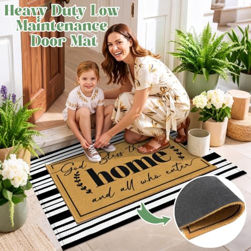 2 Pcs Christian Door Mat Welcome Mats for Front Door Striped Layering Rugs - color: 2 Pcs Coir Home
