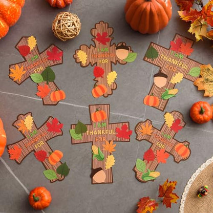 MoDooris 24 Set Fall Cross Craft Kits DIY Thanksgiving Christian Decors Make Your Own Religious Cross Hanging Ornament with Leaf Cutouts for Kids Classroom School Sunday Church Thankful Activity