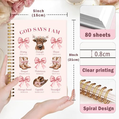 Lacama Inspirational Bible Notebook Journal, Cute Cowgirl Christian Gifts for Women, Pink God Says I am Spiral Notebook, Coquette Bow Notebook Journals, Western School Office Supplies 5.5"x8.3" - color: God Says I Am-1