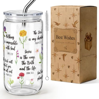 Christian Bible Verse Gifts for Women 16Oz Glass Cups with Lids & Straws, Wildflower Scripture Faith Religious Gifts for Friends, Mothersday Baptism Birthday Gifts for Church Friends Christian Women