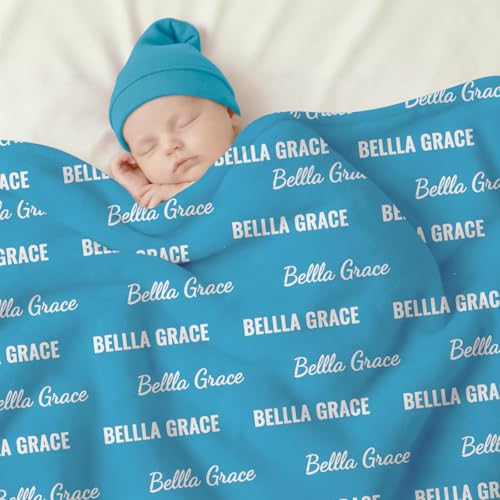 Ships Next Day, Personalized Baby Blanket with Name - Custom Newborn Hospital Swaddle Blanket, Super Soft Plush Flannel Baby Gift for Birth Announcement Shower Easter Gifts for Toddler Kids - color: Blue